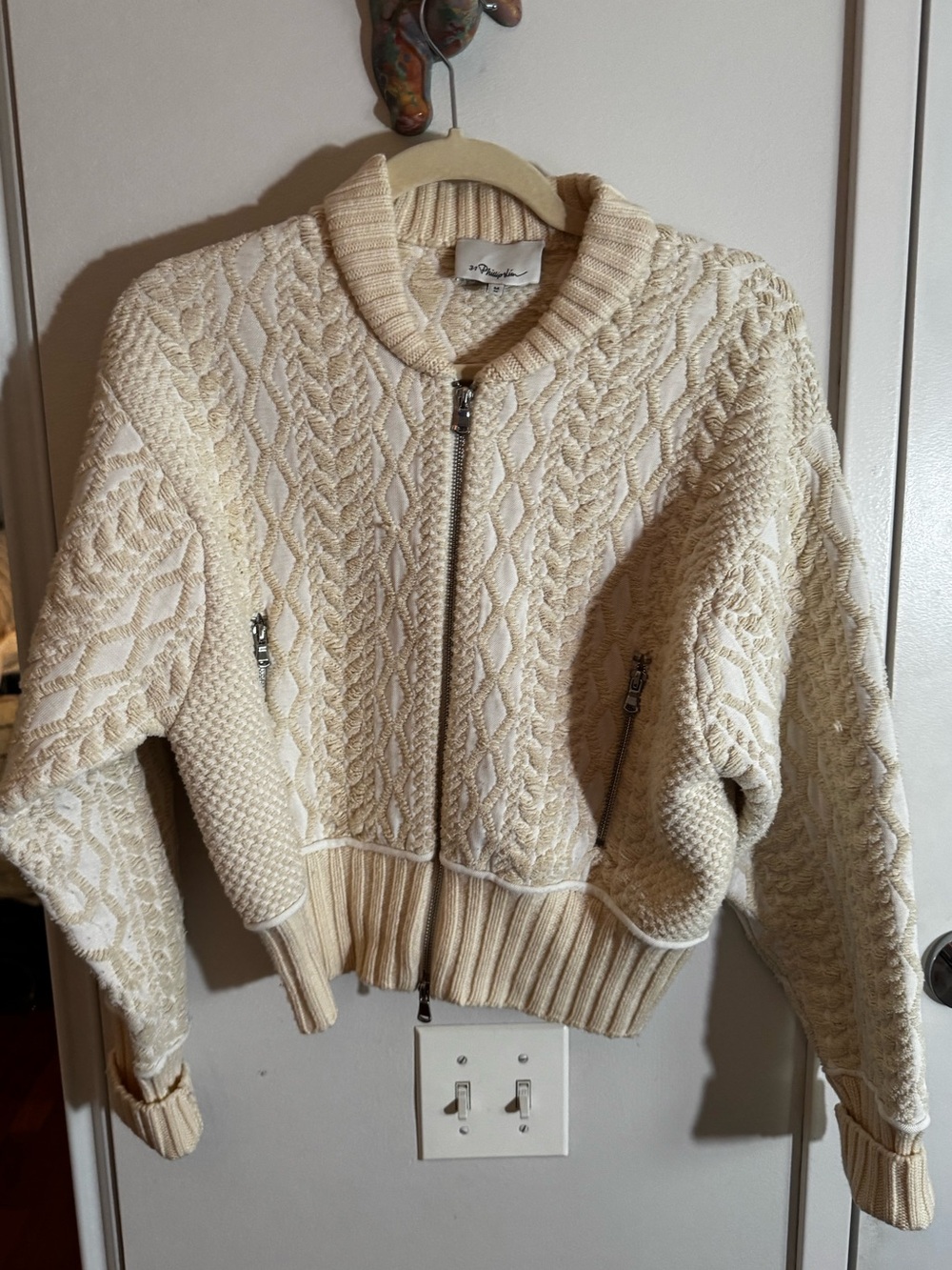 3.1 Phillip Lim Cream Cable Knit Zip Cardigan Sweater